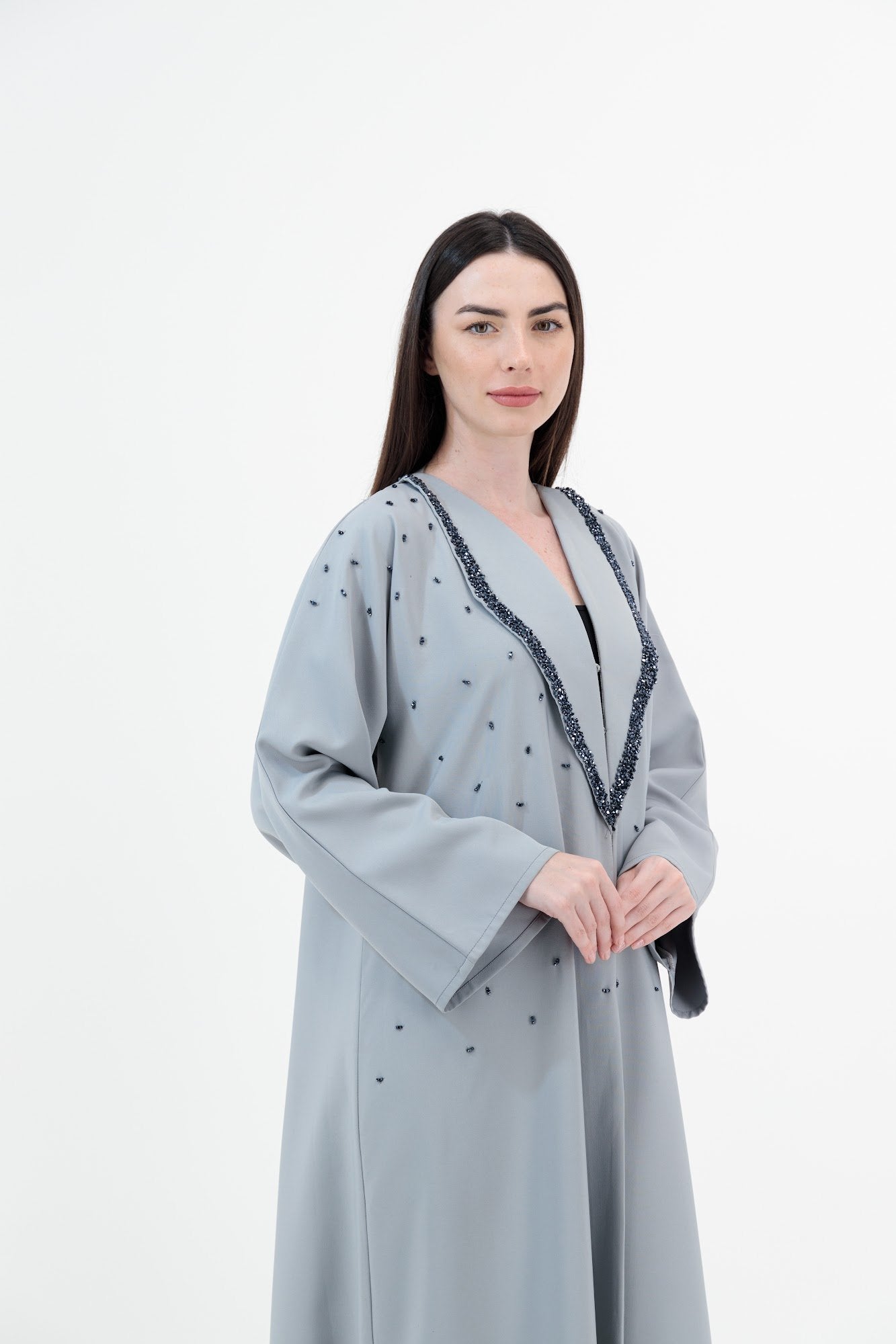 Grey Lace Placket abaya closeup