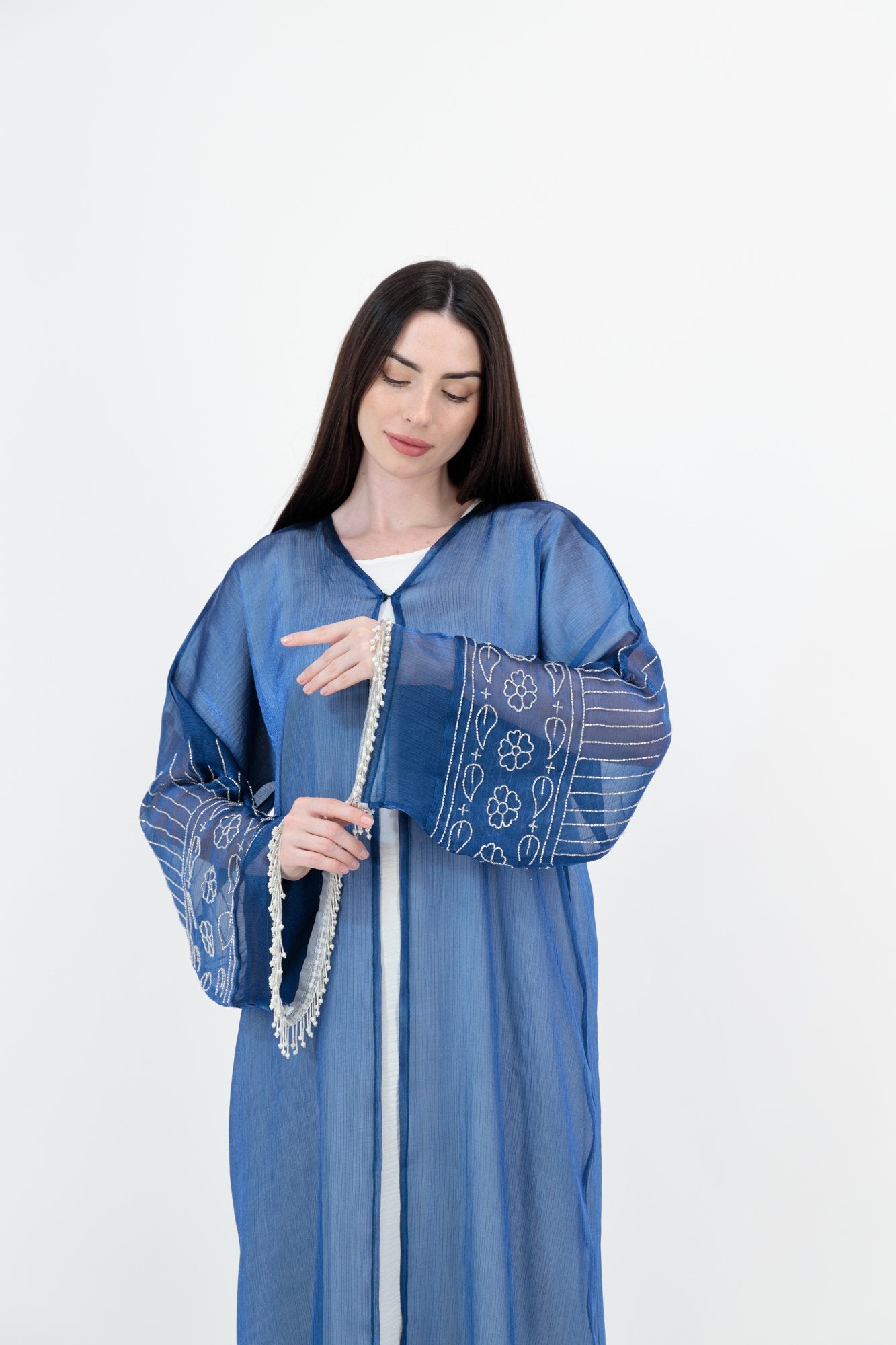 Blue Embroidered abaya closeup