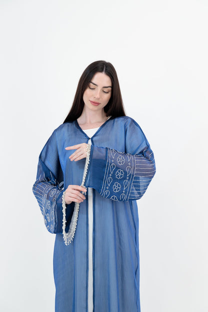 Blue Embroidered abaya closeup