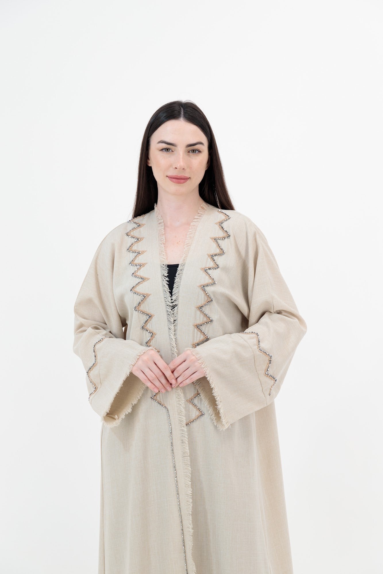 Beige Zigzag Embroidered abaya closeup