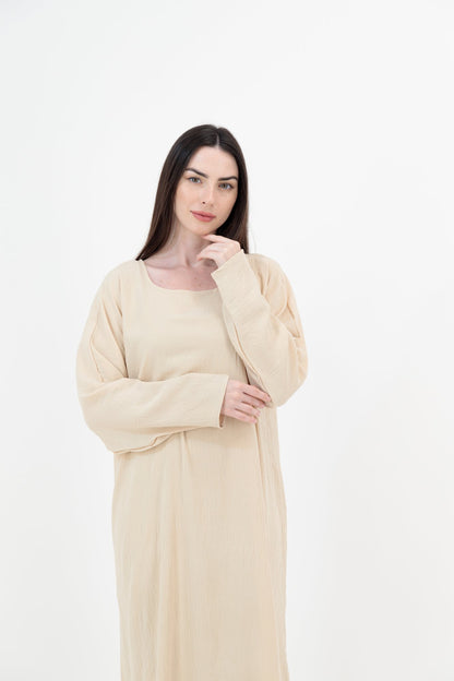 Nude Linen abaya closeup