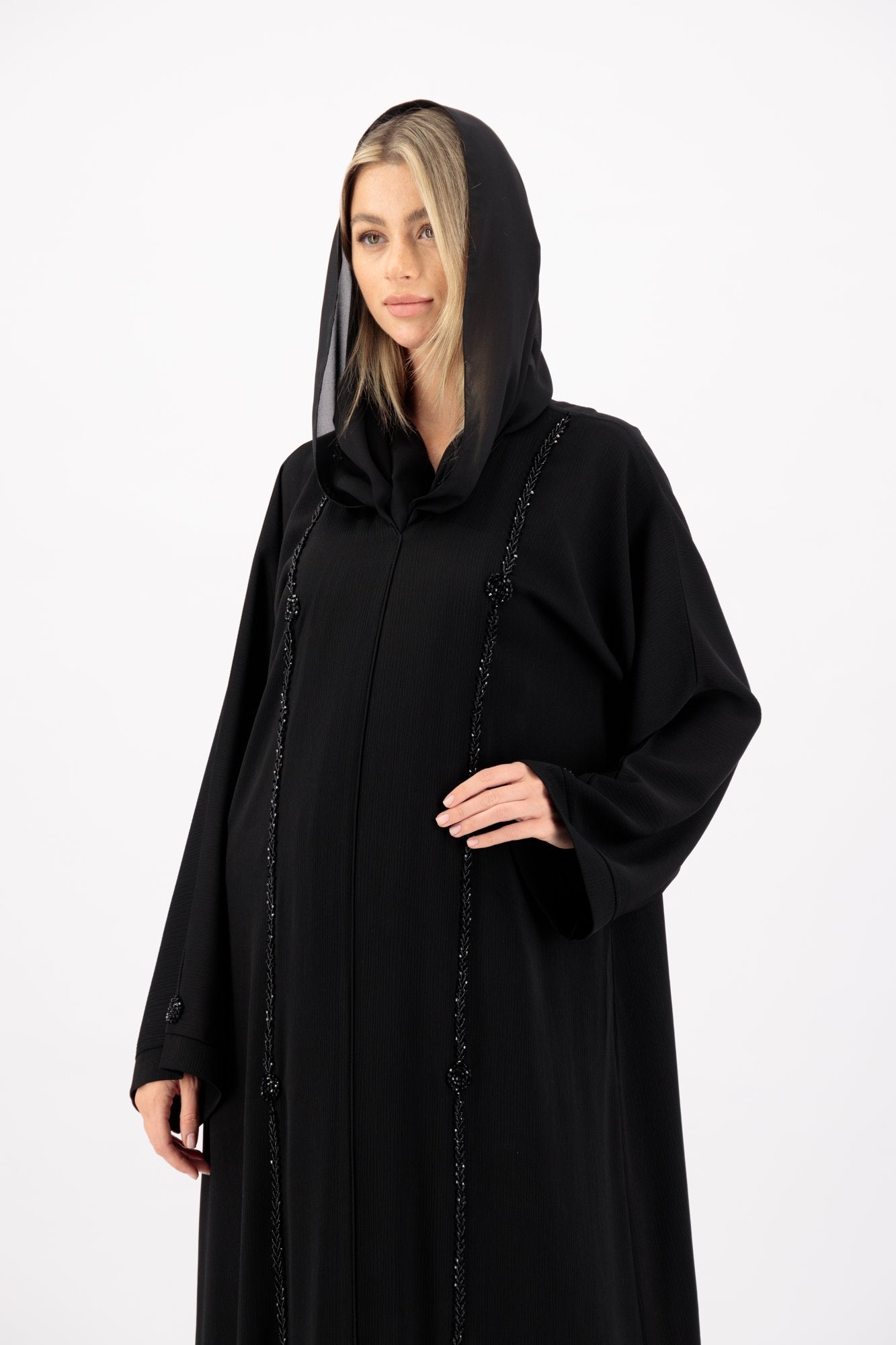 Black Sequin Trim abaya closeup