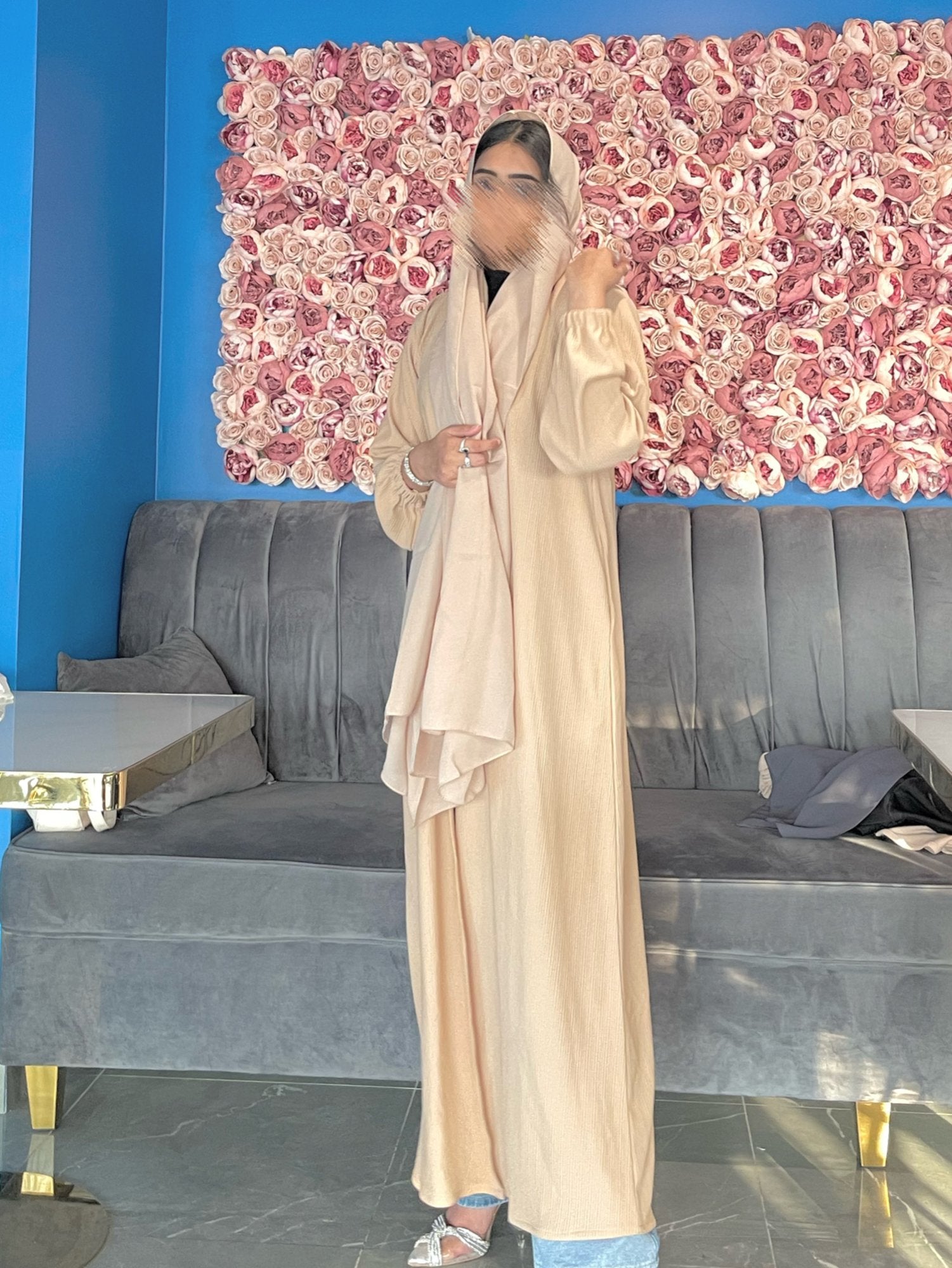 Ribbed abaya colour-lightgold-front
