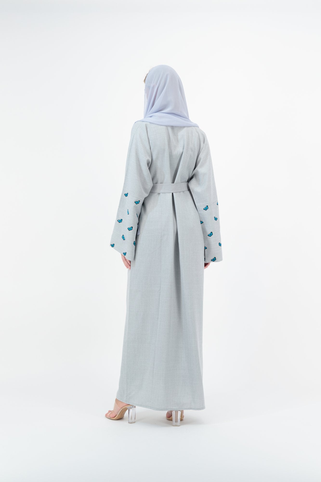 Linen Blue Butterfly abaya model-back
