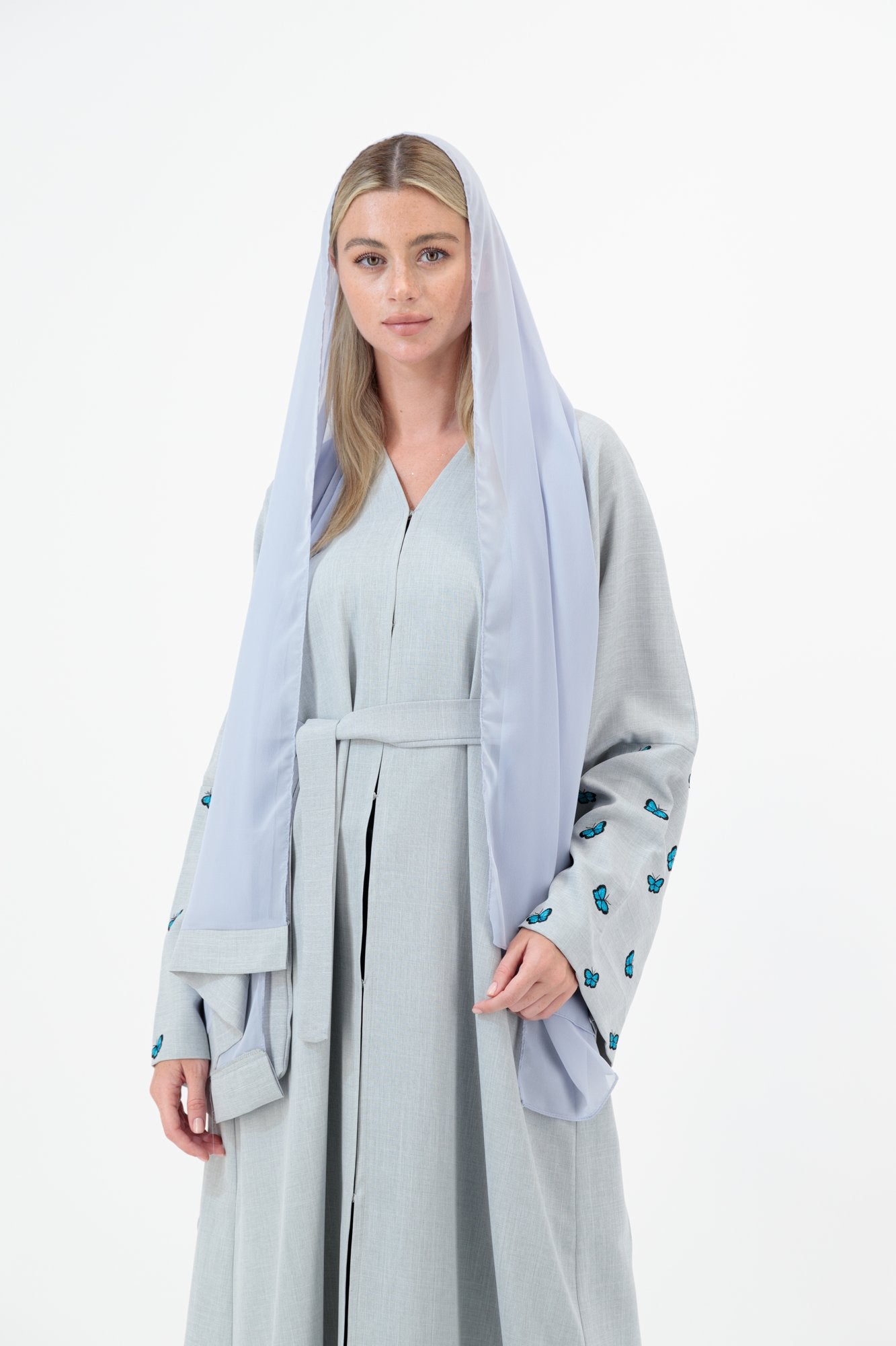 Linen Blue Butterfly abaya model-closeup