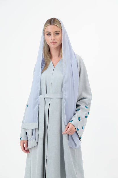 Linen Blue Butterfly abaya model-closeup
