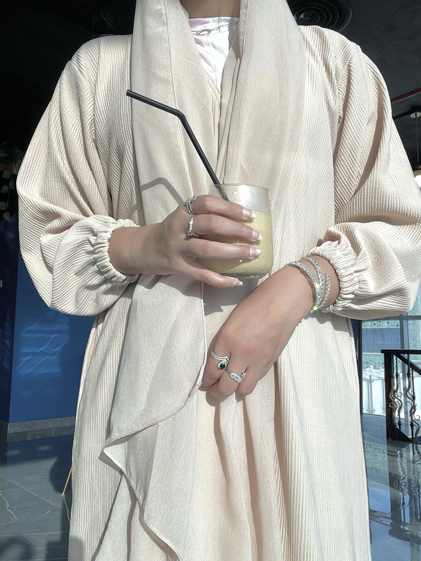 Stone Ribbed Coat abaya model-closeup