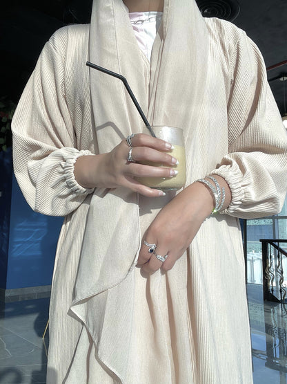 Stone Ribbed Coat abaya model-closeup