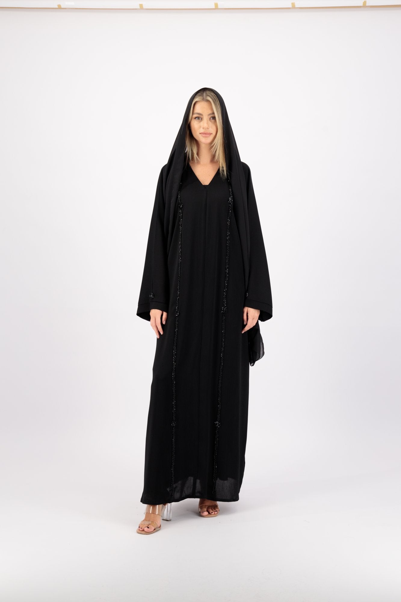 Black Sequin Trim abaya model-front-2