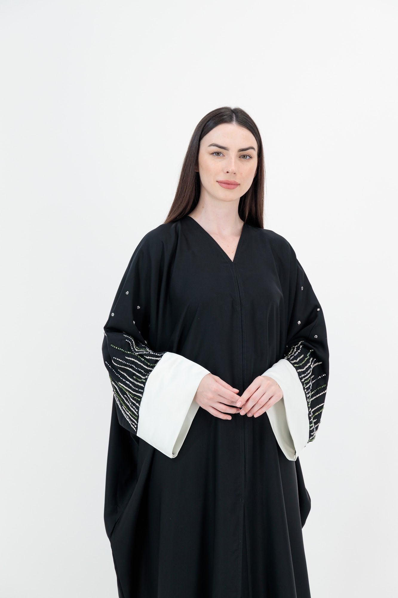 White Cuff Pearl abaya model-front-2