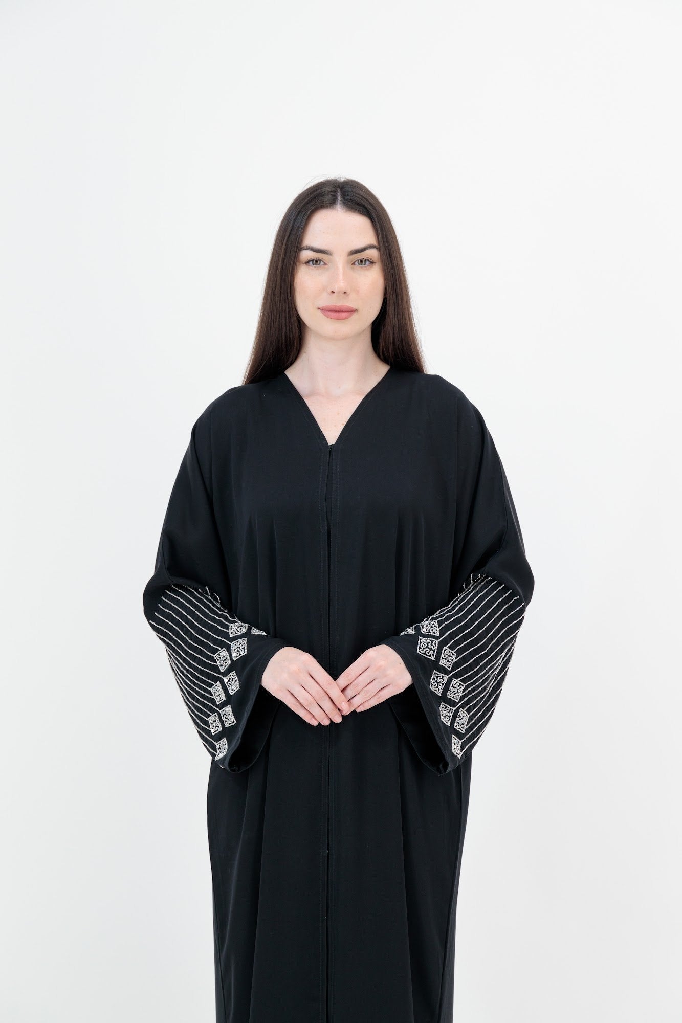 Silver Embroidered Cuff abaya model-front-2