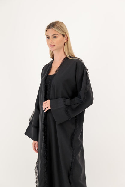Black Frayed Fringe abaya model-front-2