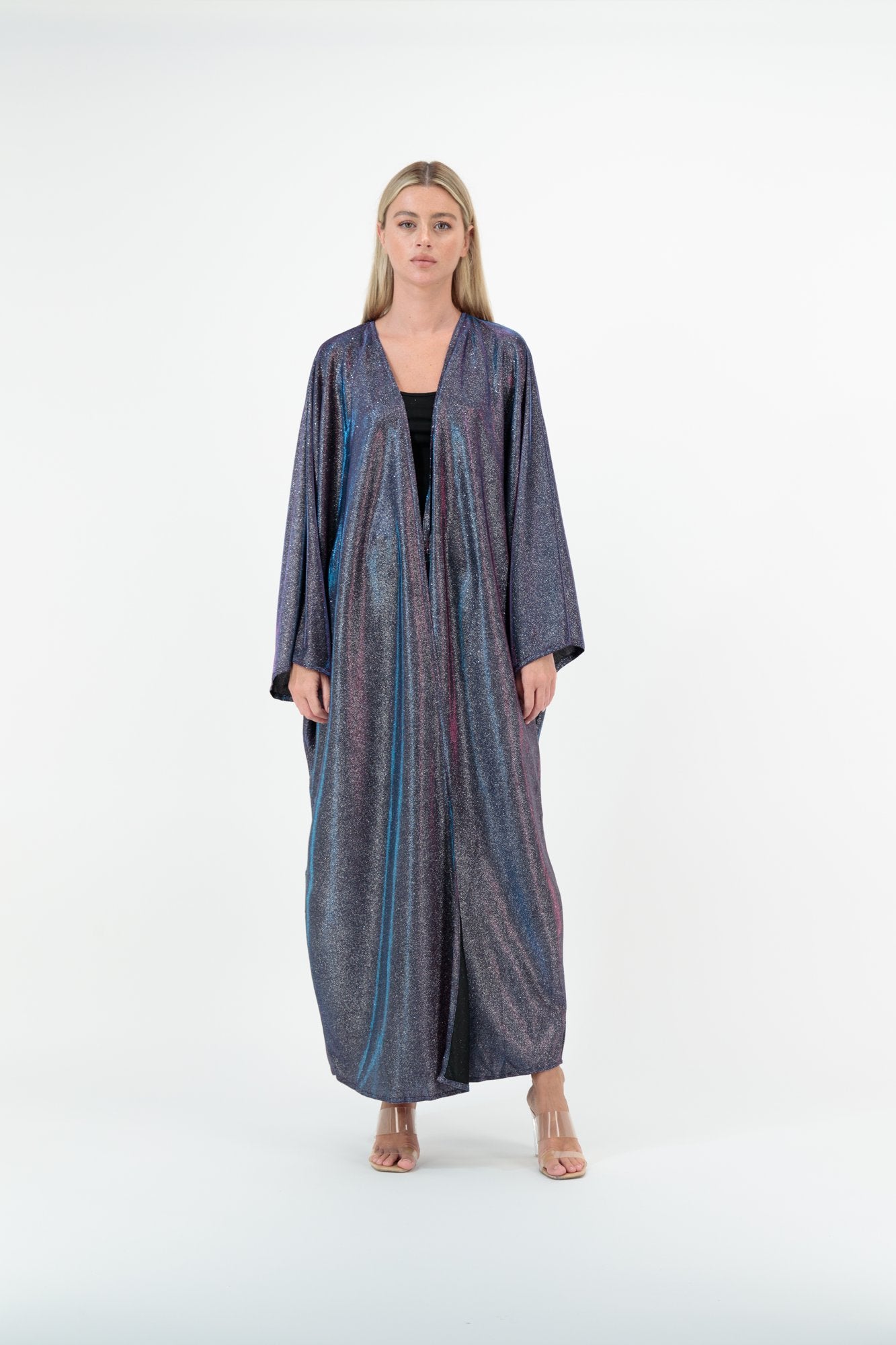 Multi Shimmer Stripe abaya model-front-open