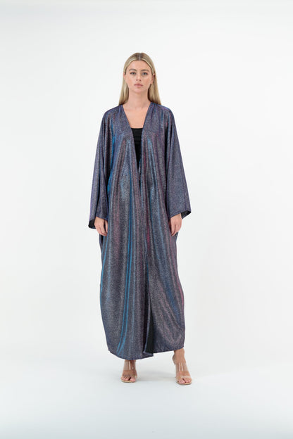 Multi Shimmer Stripe abaya model-front-open