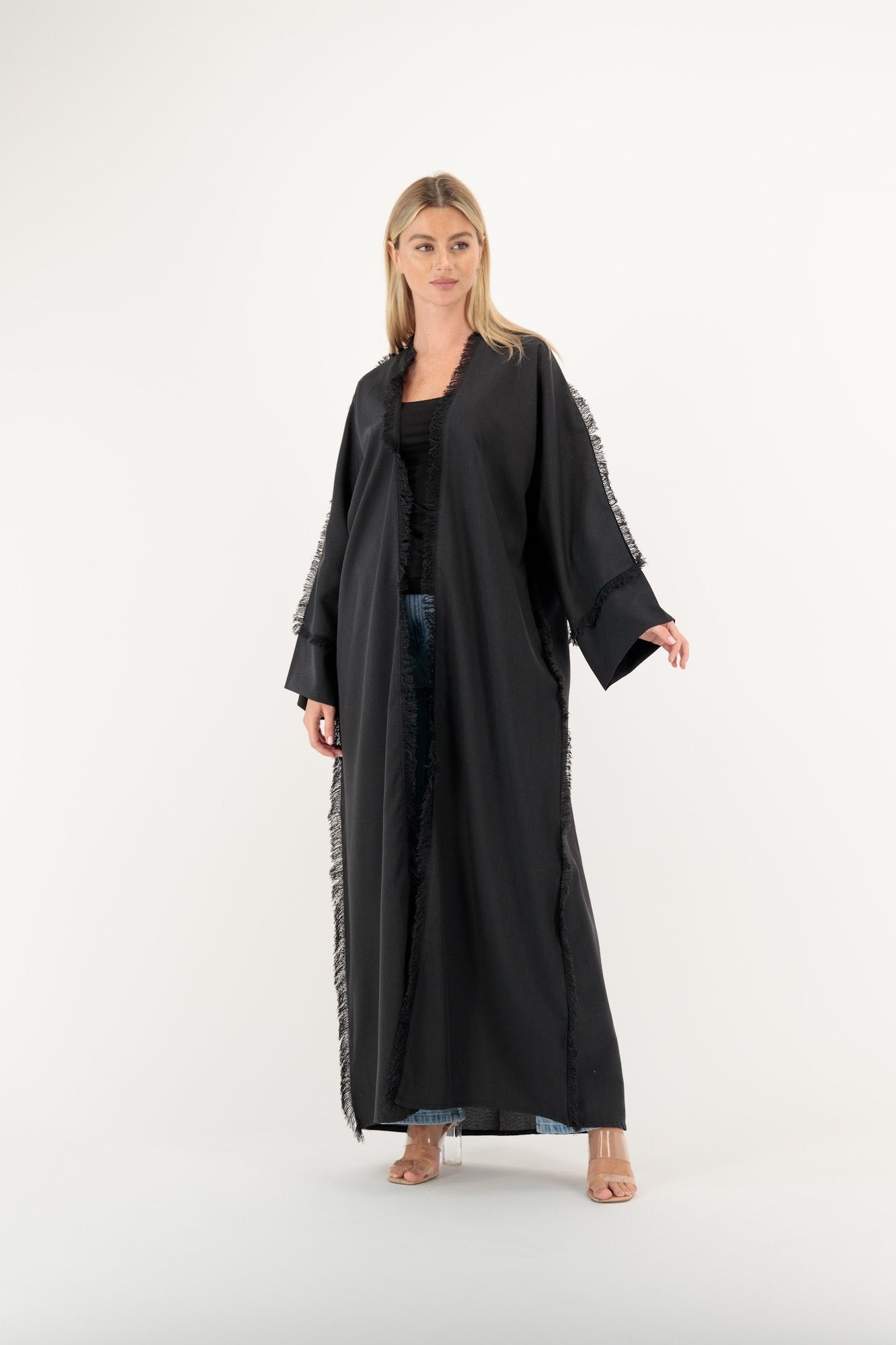 Black Frayed Fringe abaya model-front