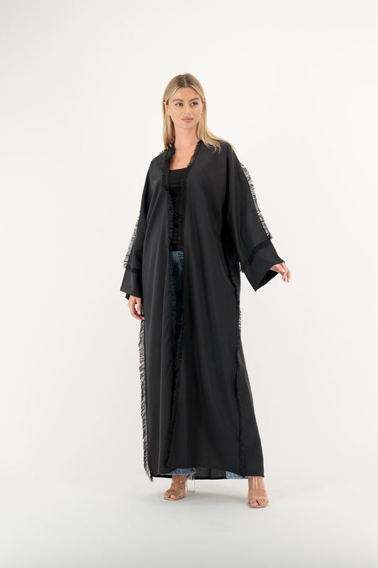 Black Frayed Fringe abaya model-front