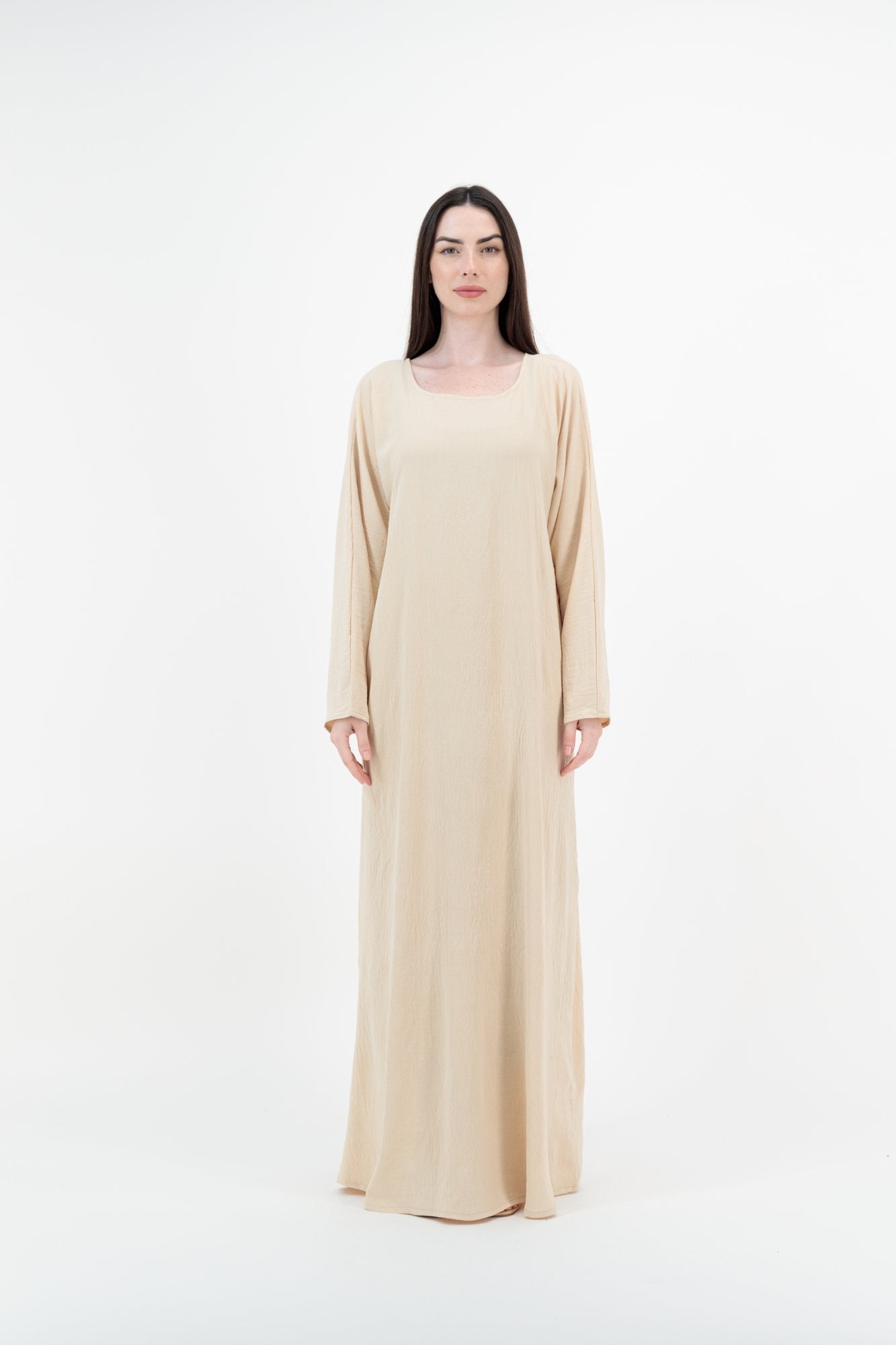 Nude Linen abaya model-front