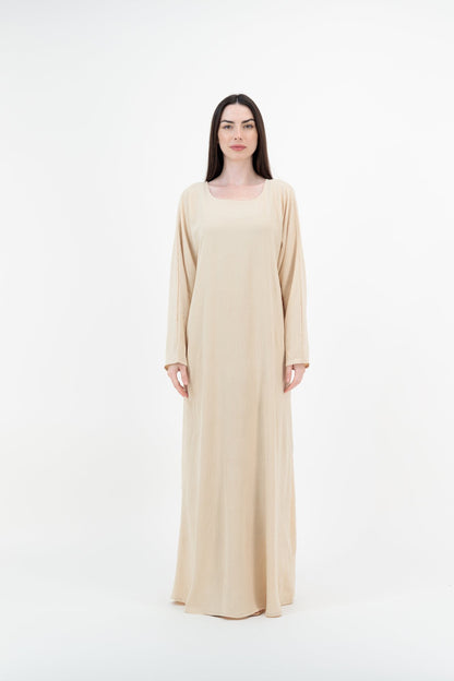 Nude Linen abaya model-front