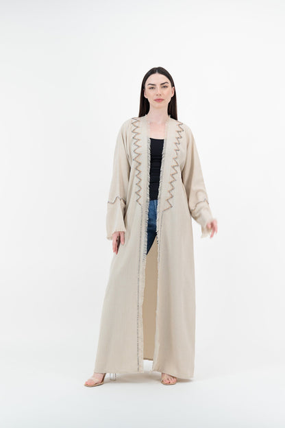 Beige Zigzag Embroidered abaya model-front