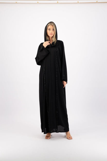 Black Sequin Trim abaya model-front