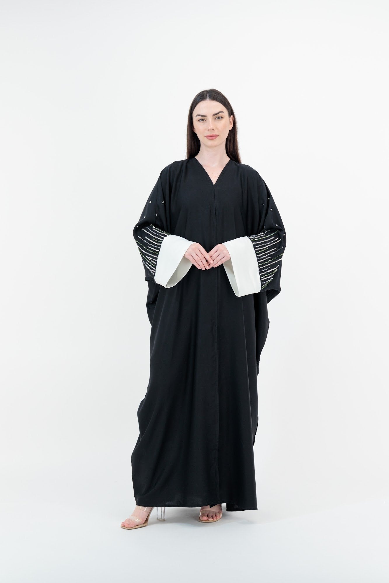 White Cuff Pearl abaya model-front