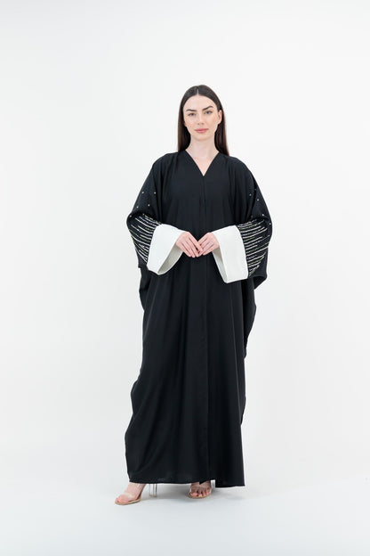 White Cuff Pearl abaya model-front