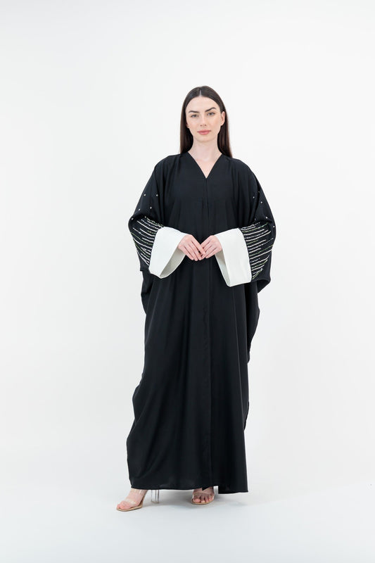 White Cuff Pearl abaya model-front