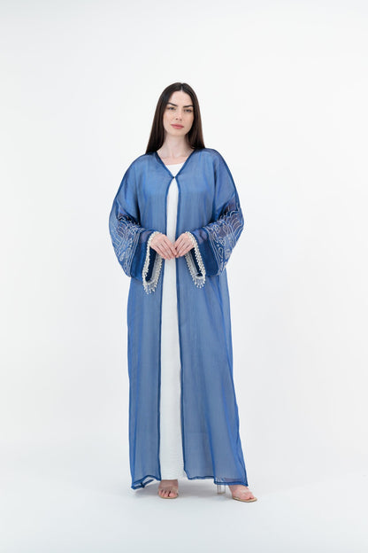Blue Embroidered abaya model-front