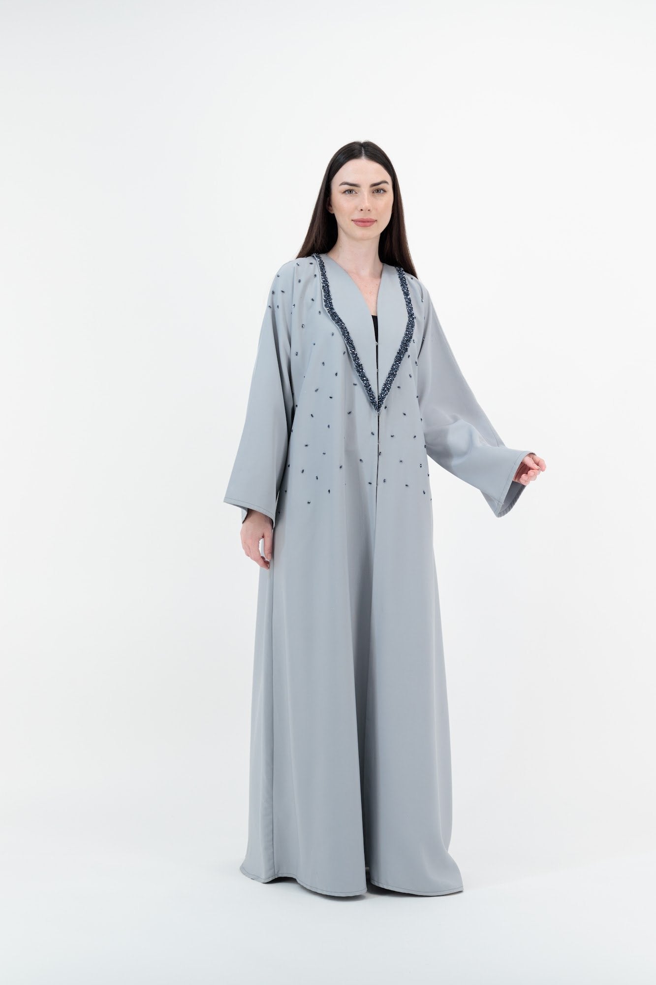 Grey Lace Placket abaya model-front