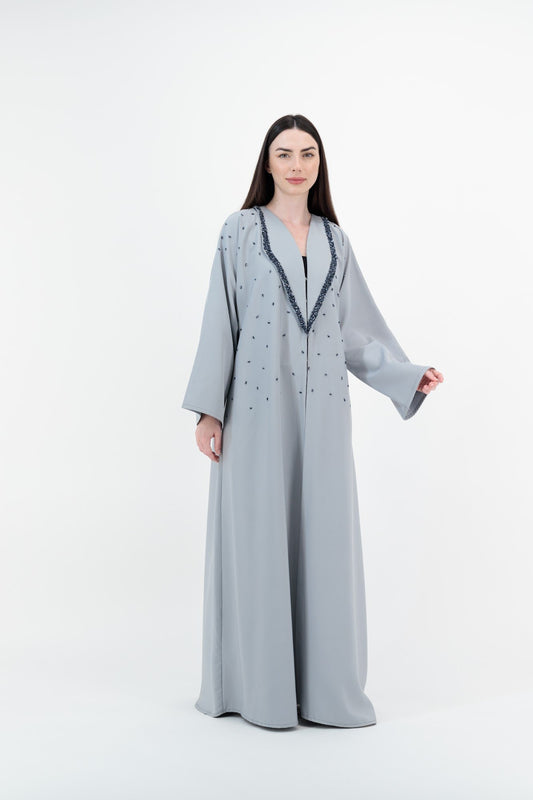 Grey Lace Placket abaya model-front