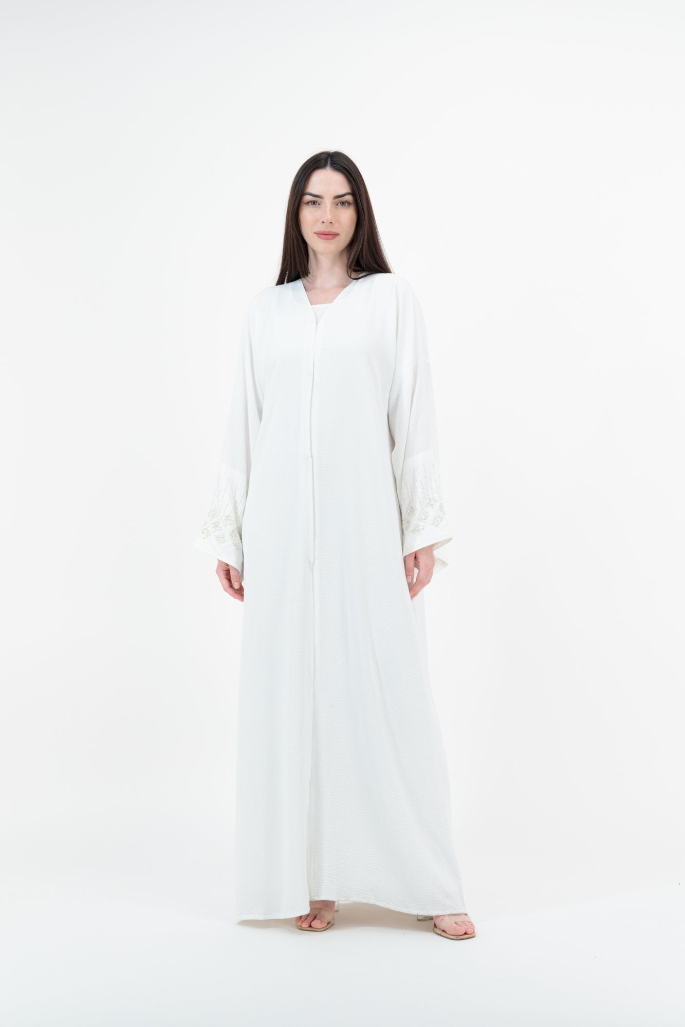 White Lace abaya model-front
