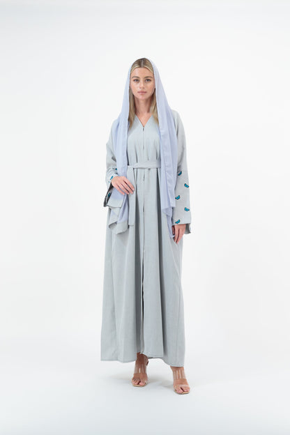 Linen Blue Butterfly abaya model-front