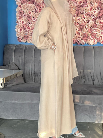 Stone Ribbed Coat abaya model-side