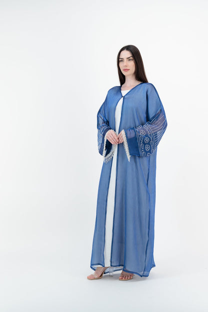 Blue Embroidered abaya model-side