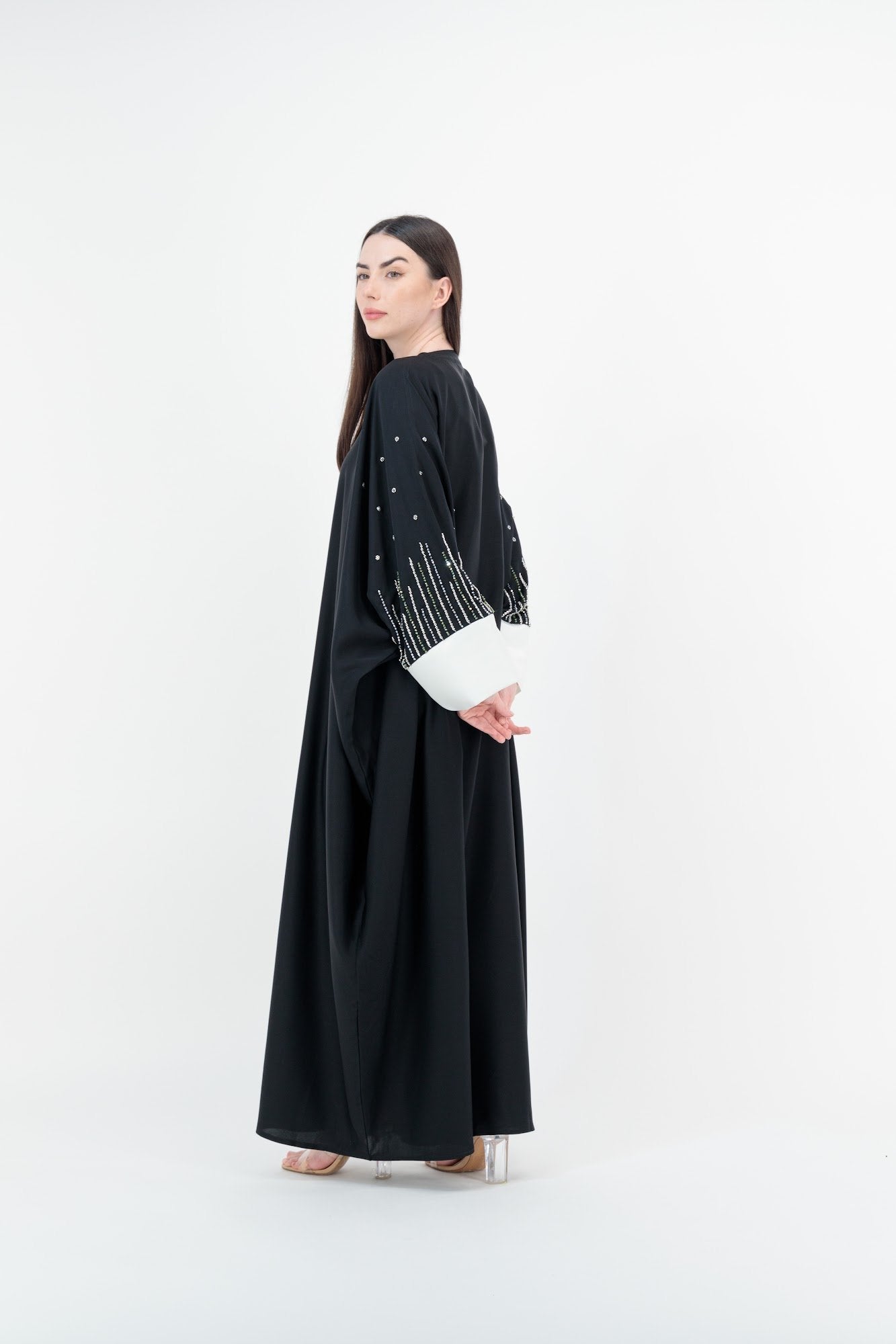 White Cuff Pearl abaya model-side