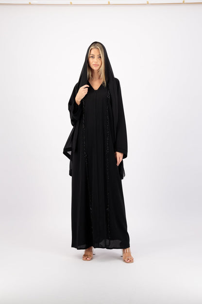 Black Sequin Trim abaya model-side