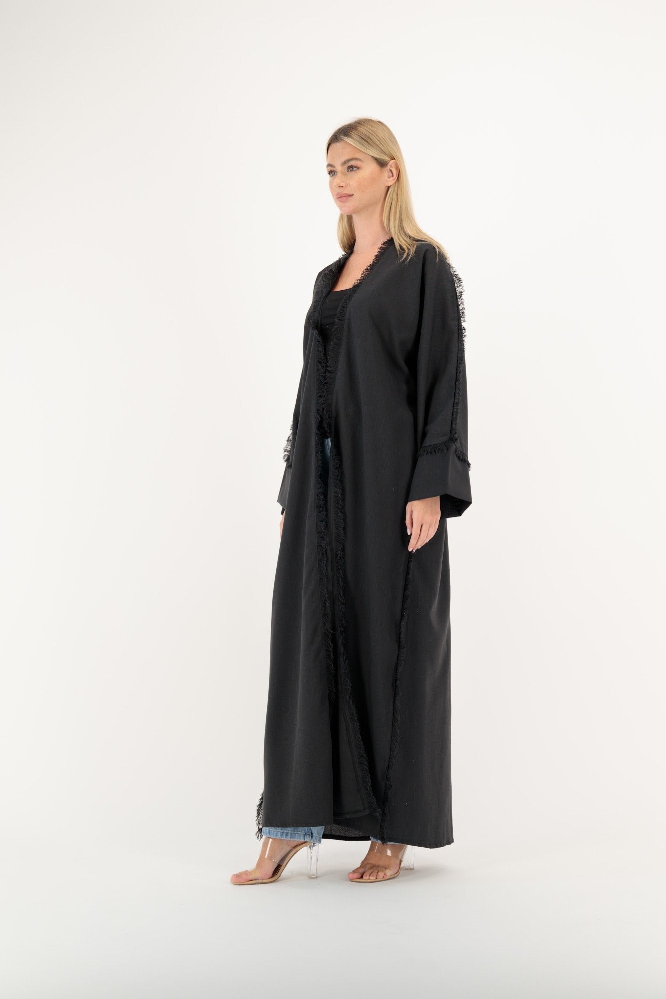 Black Frayed Fringe abaya model-side