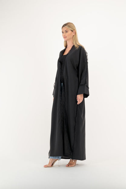 Black Frayed Fringe abaya model-side